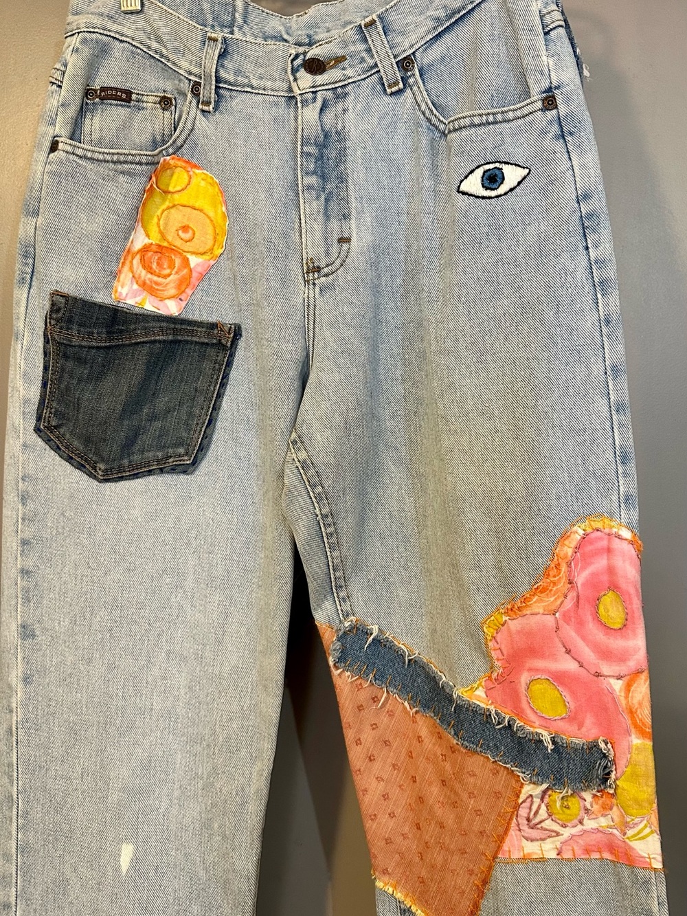 Repurposed Riders by Lee Light Blue Jeans with Pink & Yellow Patchwork
